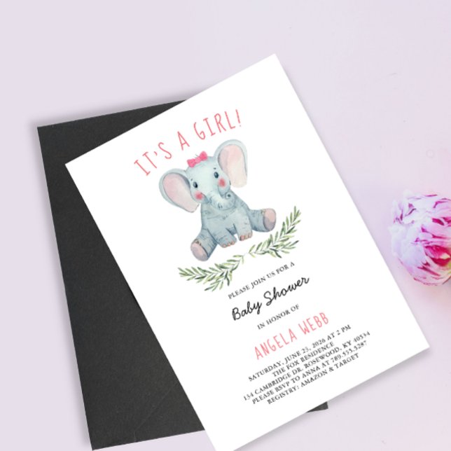 It's a Girl Baby Shower Elephant Wearing Bow Invitation (Creator Uploaded)