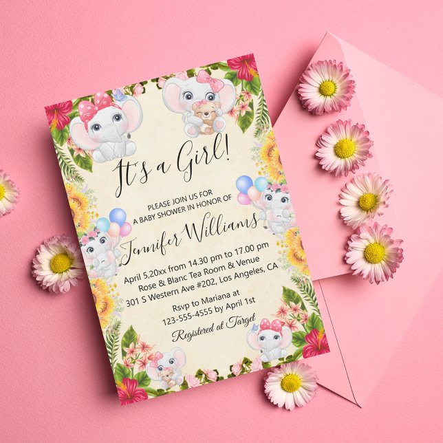 it's a girl,baby shower elephants and flowers chic invitation (Creator Uploaded)