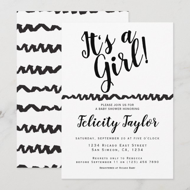 Its A Girl Baby Shower Typography Black White Invitation (Front/Back)