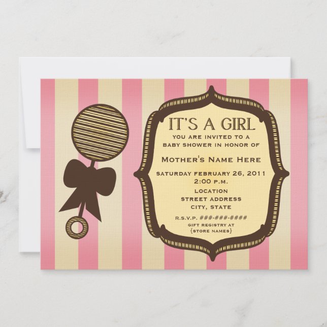 It's A Girl Baby Shower Vintage Rattle Pink Stripe Invitation (Front)