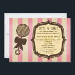 It's A Girl Baby Shower Vintage Rattle Pink Stripe Invitation<br><div class="desc">A vintage inspired baby shower invitation featuring a background of pink stripes on front and back.  Front features brown and beige illustration of a rattle with a bow at left.  Personalise the text inside matching antique inspired brown and beige frame at right.</div>