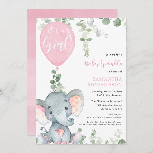 It's a girl baby sprinkle pink elephant balloon invitation (Front/Back)
