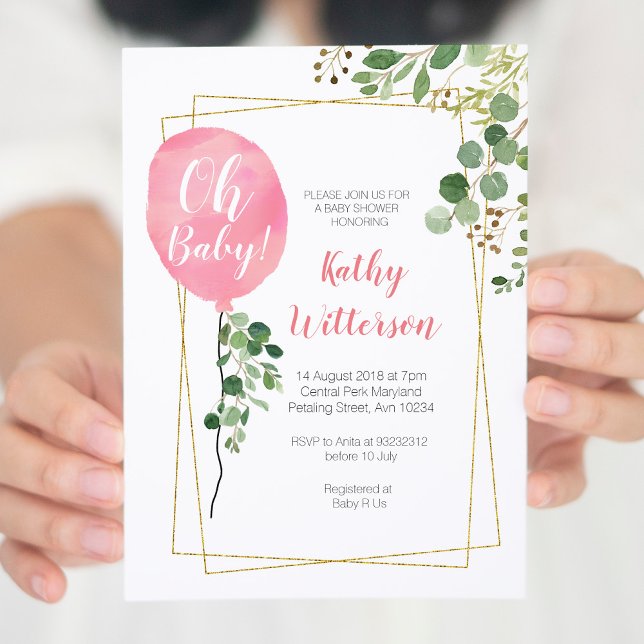 It's a girl Ballon Greenery oh baby shower Invitation (Creator Uploaded)