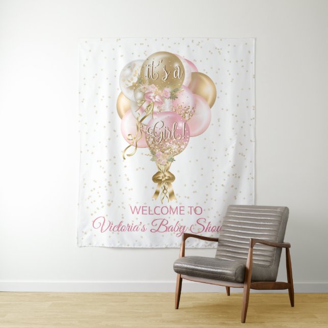 Its a Girl Balloon Baby Shower Backdrop Tapestry (In Situ)