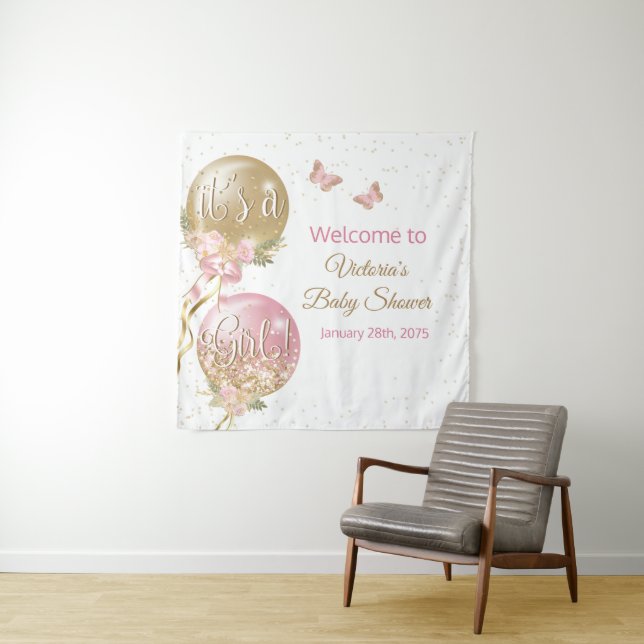 Its A Girl Balloon Baby Shower SQ Backdrop Tapestry (In Situ)