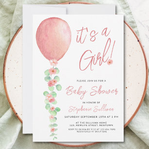 Its A Girl Balloon Eucalyptus Baby Shower Invitation