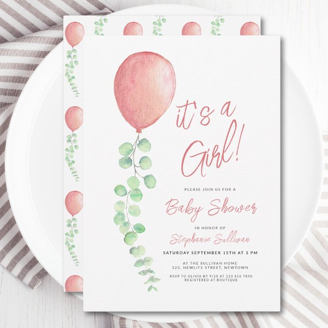 Its A Girl Balloon Eucalyptus Greenery Baby Shower Invitation (Creator Uploaded)