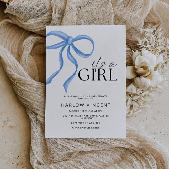 It's A Girl Blue Bow Baby Shower Invitation (It's A Girl Blue Bow Baby Shower Invitation)