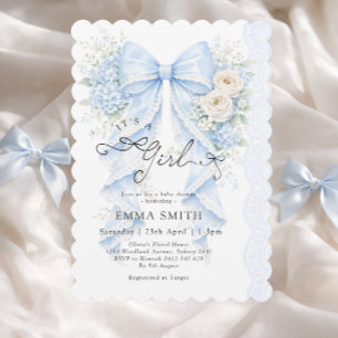 It's a Girl Blue Bow Floral Baby Shower Invitation