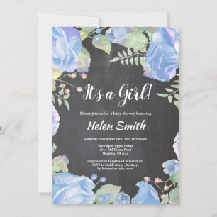 It's A Girl Blue Floral Baby Shower Chalkboard Invitation