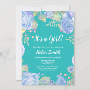 It's A Girl Blue Floral Baby Shower Teal Invitation