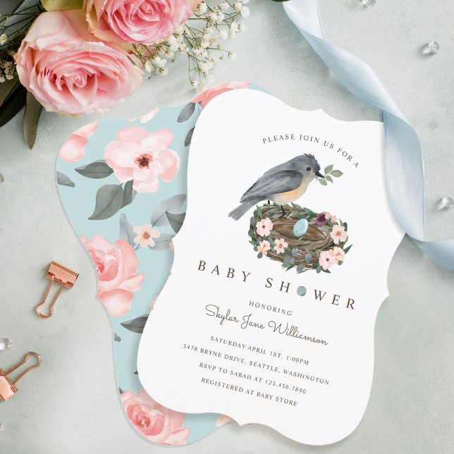 It's A Girl Blue Floral Bird's Nest Baby Shower Invitation (Creator Uploaded)