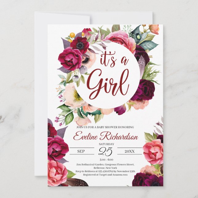It's a girl blush burgundy and maroon floral baby invitation (Front)