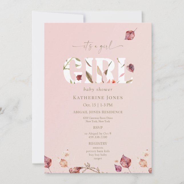 It's a Girl Blush Fall Baby Shower Invitation (Front)