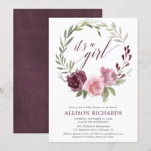 It's a girl blush pink burgundy floral baby shower invitation