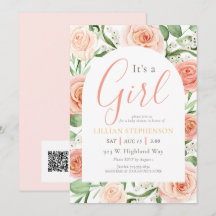 Its A Girl Blush Pink Floral Baby Shower QR Code