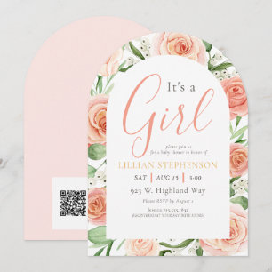 Its A Girl Blush Pink Floral Baby Shower QR Code Invitation