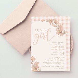 It's a Girl Blush Pink Floral Gingham Baby Shower Invitation