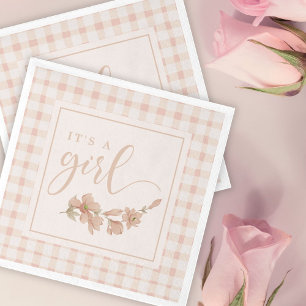 It's a Girl Blush Pink Floral Gingham Baby Shower Napkin