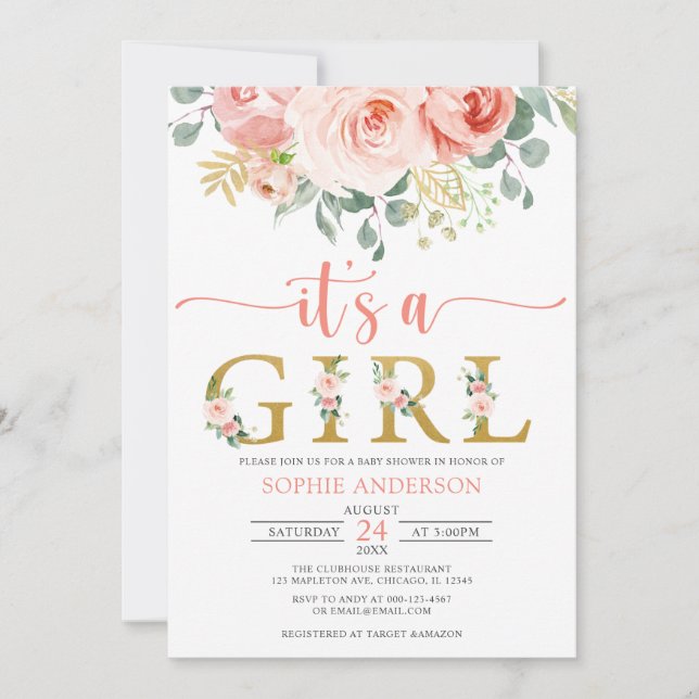 It's a Girl Blush Pink Gold Floral Baby Shower  Invitation (Front)
