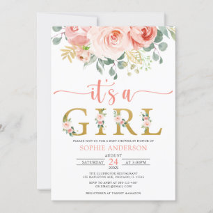 It's a Girl Blush Pink Gold Floral Baby Shower Invitation