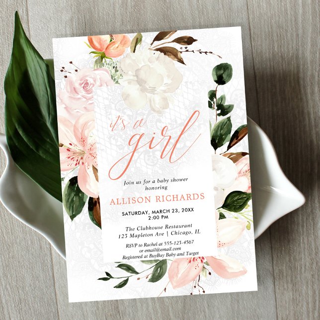 It's a girl blush pink lace floral baby shower invitation (Creator Uploaded)