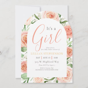 Its A Girl Blush Pink Rose Floral Baby Shower Invitation