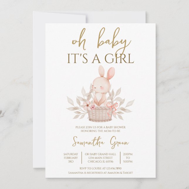  It's a Girl Boho Bunny Baby Shower Invitation (Front)