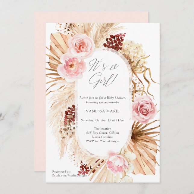 It's a Girl Boho Floral Pampas Grass Baby Shower Invitation (Front/Back)