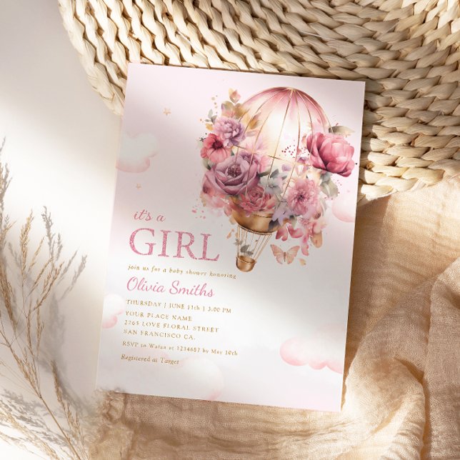 It's a Girl Boho Pink Floral Balloon Baby Shower Invitation (Creator Uploaded)