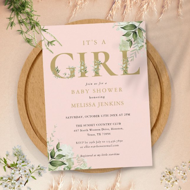 Its A Girl Botanical Blush Pink Gold Baby Shower Invitation (Creator Uploaded)