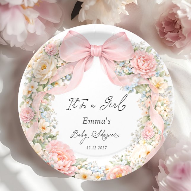 It's a Girl Bow Coquette Bow Baby Shower Paper Plate (Creator Uploaded)