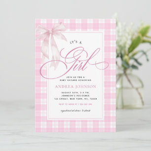 It's a Girl Bow & Pink Gingham Plaid Baby Shower Invitation