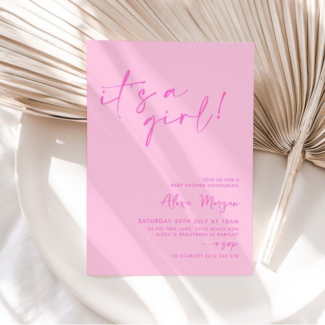 It's a Girl! Bright Pink Minimal Baby Shower Invitation (It's a girl! Baby Shower Invitation)