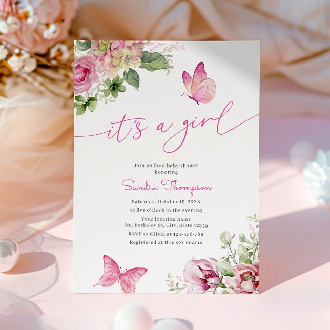It's A Girl Butterfly Floral Baby Shower Invitation (Creator Uploaded)