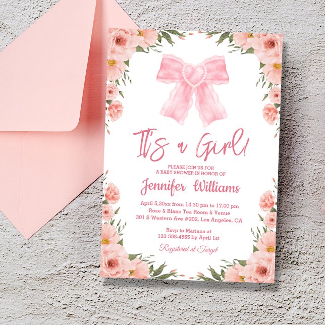 it's a girl ,chic pink bow floral baby shower   invitation (Creator Uploaded)