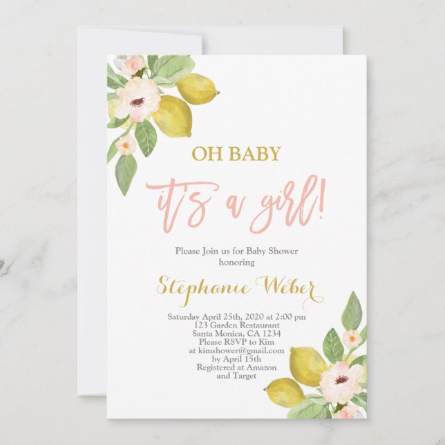 It's a Girl citrus Lemons Baby shower girl Invitation (Front)