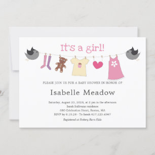 It's A Girl Clothesline Baby Shower Invitation