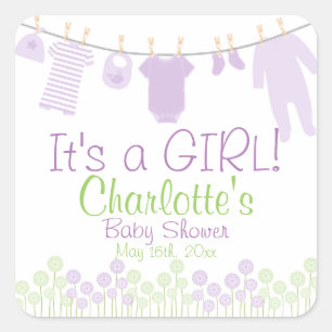 It's A GIRL! Clothesline Baby Shower Square Sticker
