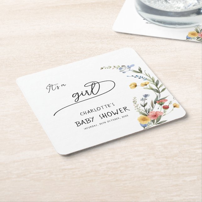 It's a Girl! Colourful Wildflower Baby Shower Square Paper Coaster (Angled)