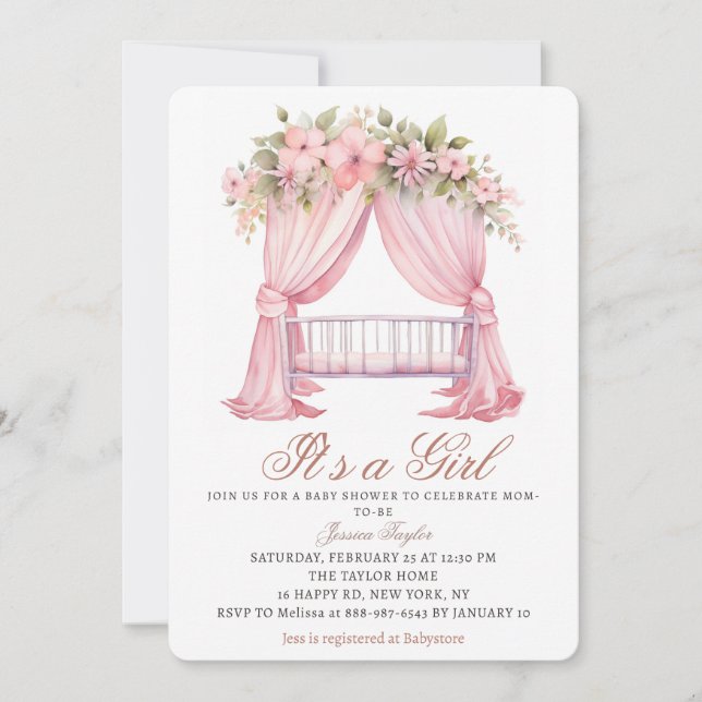 Its a Girl Crib Pink Spring Flowers Baby Shower Invitation (Front)