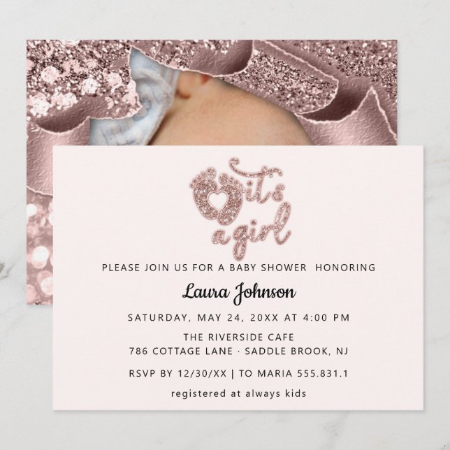  It's A Girl Custom New Baby Photo Rose FeetGlitte Invitation (Front/Back)
