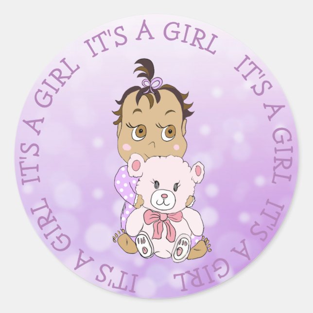 It's a Girl Cute Baby and Teddy Bear Classic Round Sticker (Front)