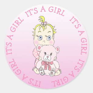 It's a Girl Cute Baby and Teddy Bear Classic Round Sticker