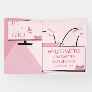 It's A Girl! Cute Bear Computer Screen Baby Shower Banner