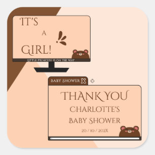 It's A Girl! Cute Bear Computer Screen Baby Shower Square Sticker