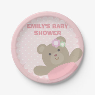 It's a Girl Cute Bear Cub Elegant Pink Baby Shower Paper Plate