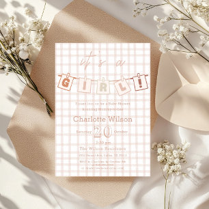 It's a Girl! Cute brown Gingham Baby Shower Invitation