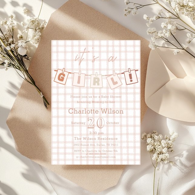 It's a Girl! Cute brown Gingham Baby Shower Invitation (Creator Uploaded)