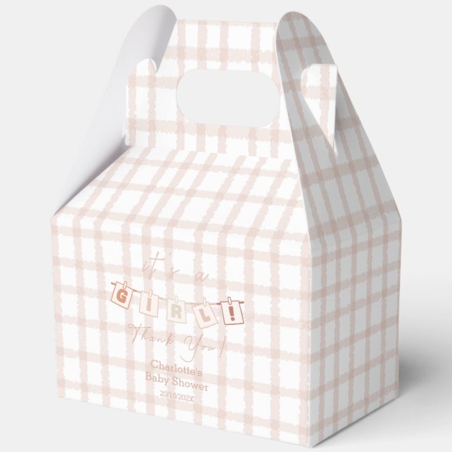It's a Girl Cute Brown Gingham Notedry Baby Shower Favour Box (Front)